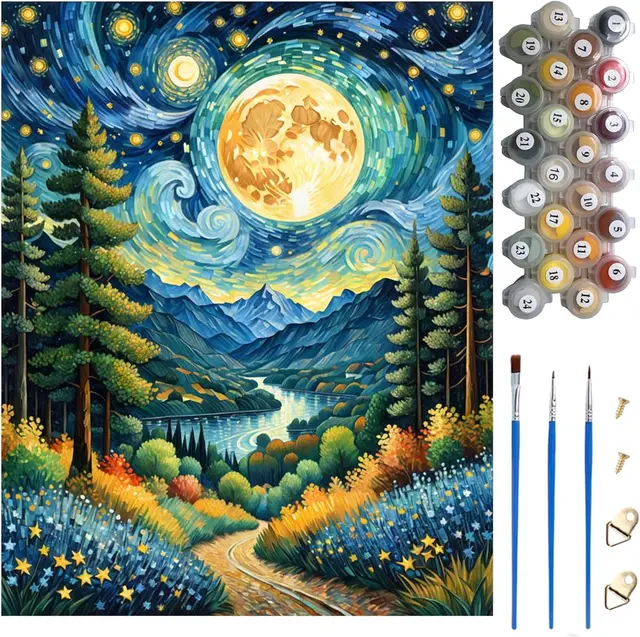 Moonlit forest paint by numbers canvas kit with paints and brushes