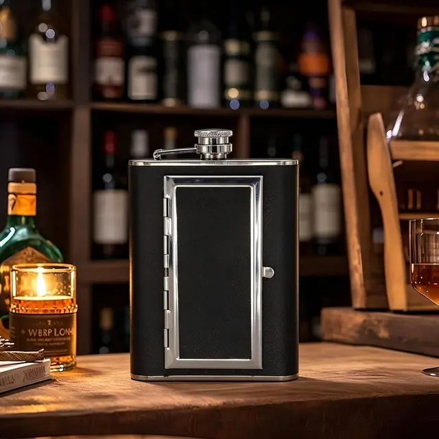 Leather-wrapped stainless steel hip flask