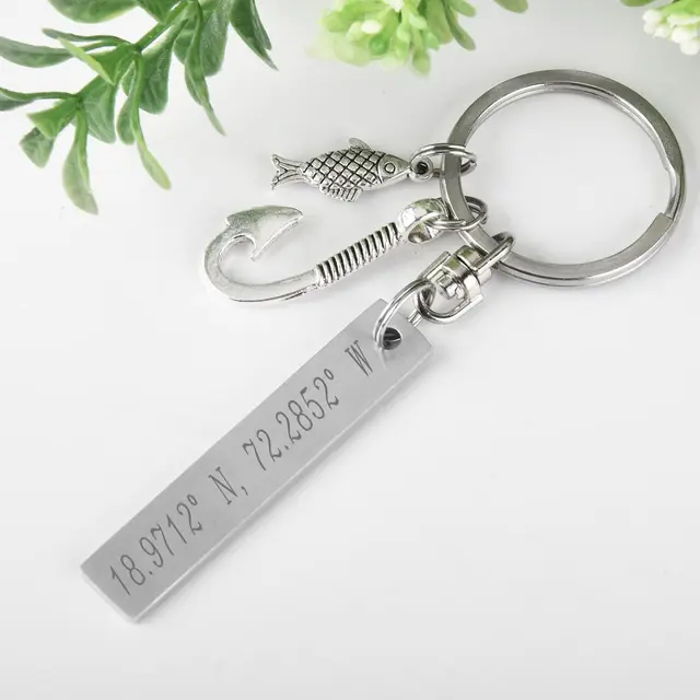 Personalised fishing coordinate keyring