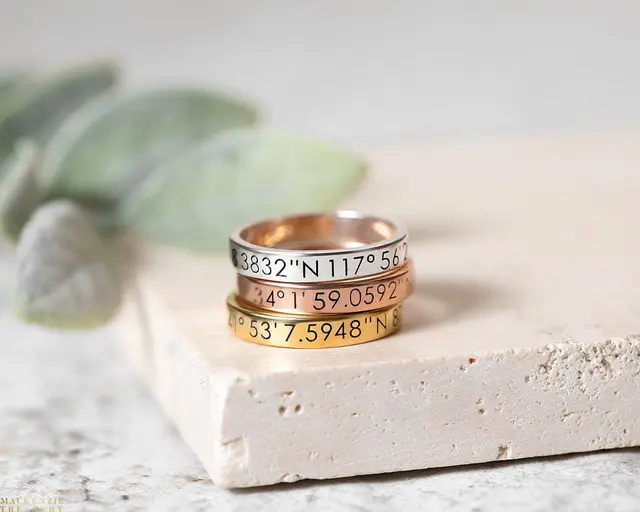 Platinum or white-metal topographic ring with wedding coordinates