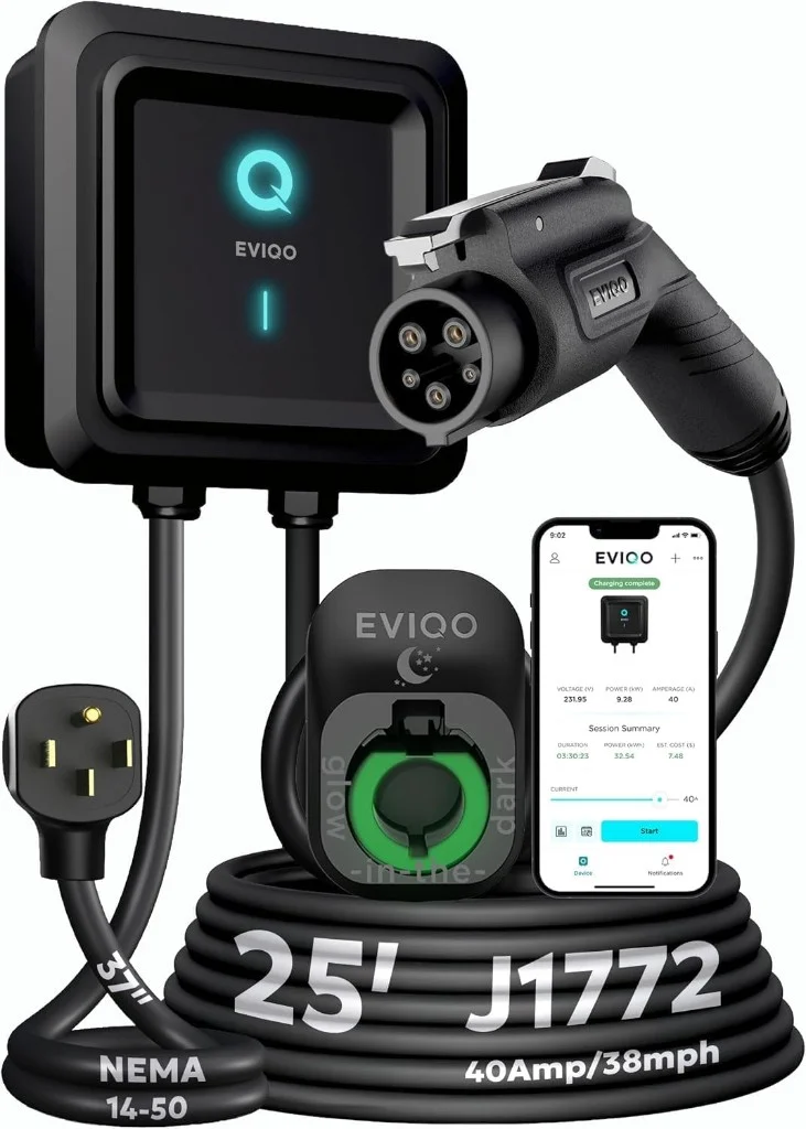 EVIQO Level 2 EV home charger with J1772 handle and app