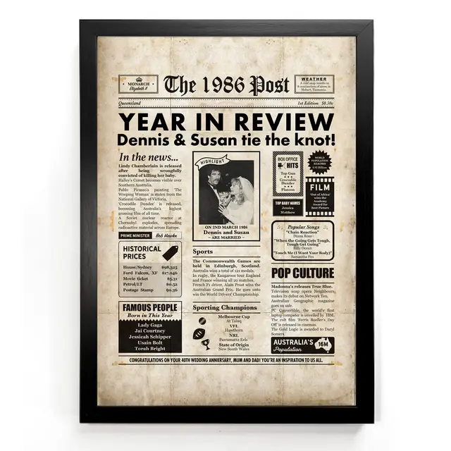 Personalised 1986 anniversary newspaper framed print