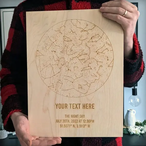 Engraved star map constellation on native hardwood