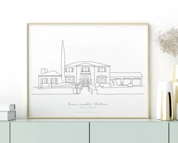 Custom line-art portrait of her garden or childhood home