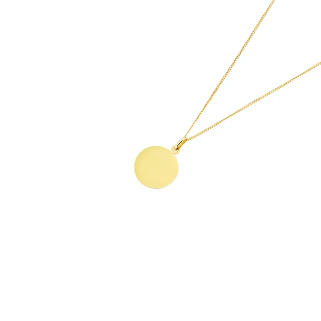 9ct gold 14mm round engravable disc pendant on chain