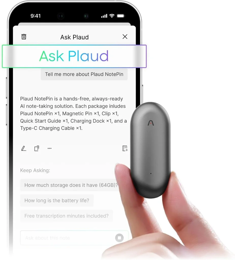 PLAUD NotePin wearable AI recorder with companion app