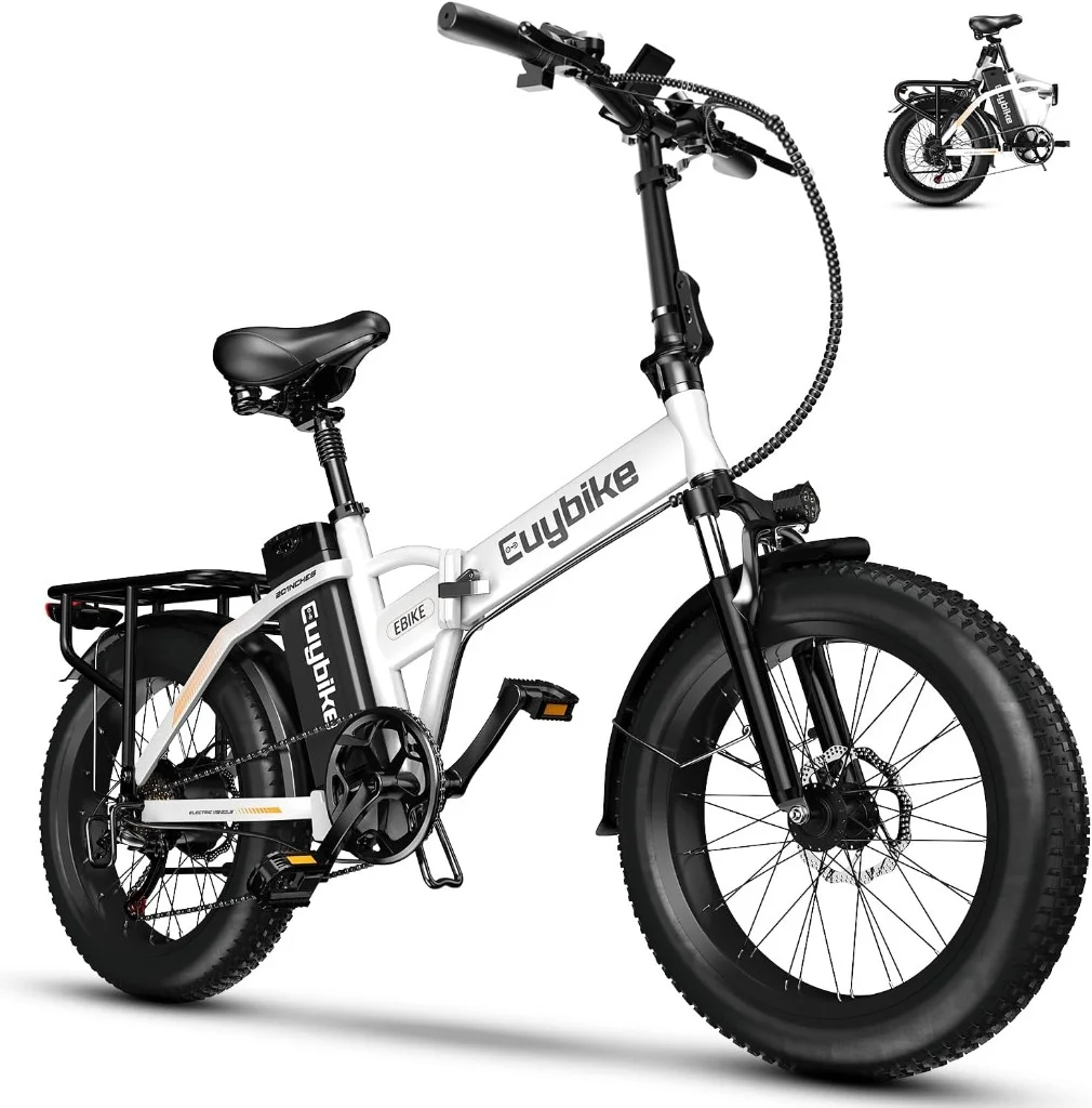 White Kebiko folding fat-tire electric bike with folded inset