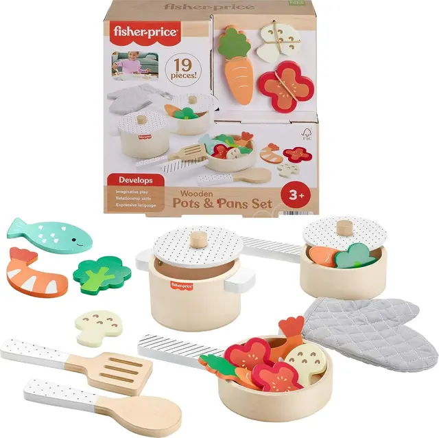 Pretend play kitchen accessory set (pots, pans, utensils, oven mitt)