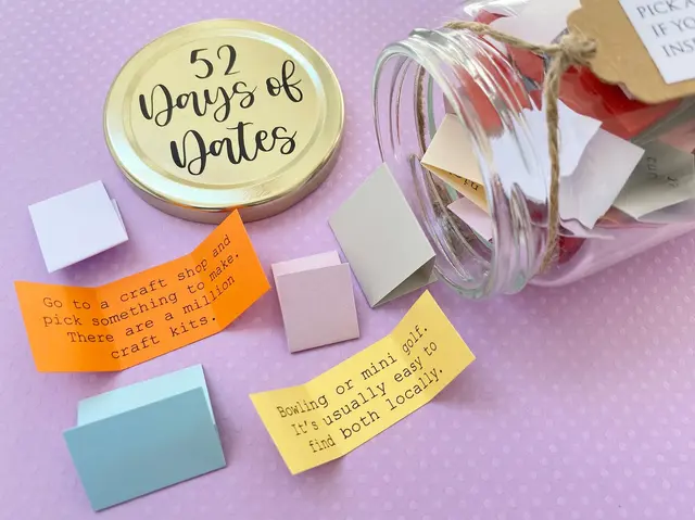 Glass date idea jar with colourful prompt cards