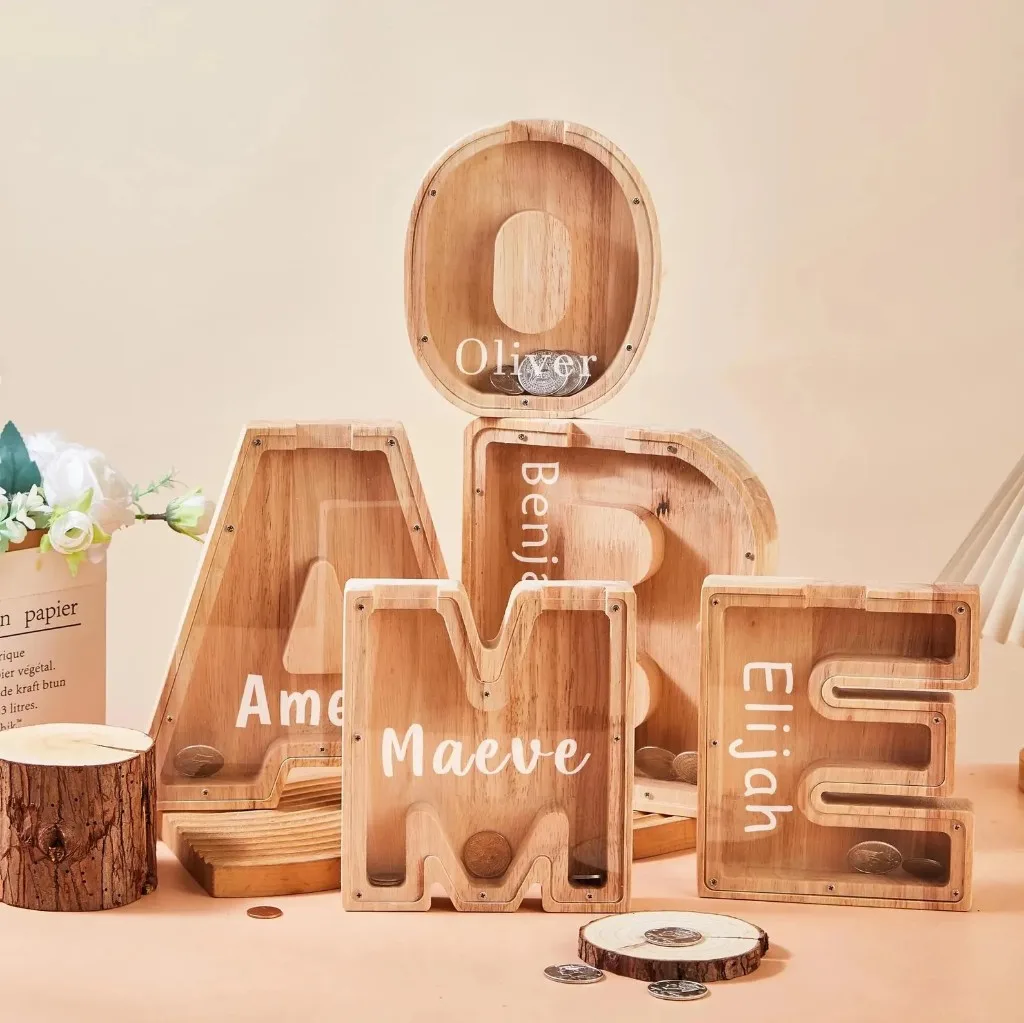 Personalised wooden letter piggy bank