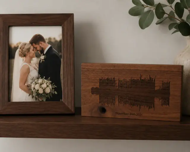 Laser-cut wooden soundwave of wedding vows