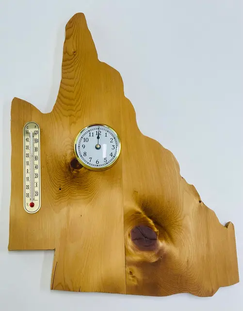 Handcrafted Huon pine wall clock with thermometer