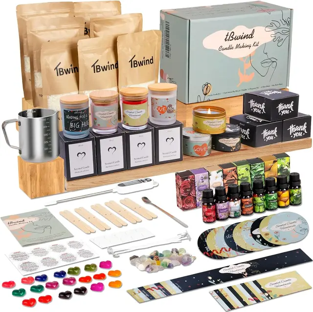 Kid-safe candle pouring kit with soy wax, child-safe fragrance, and jars