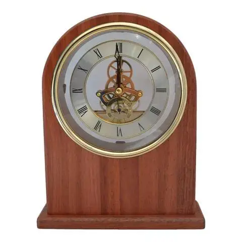 Jarrah skeleton desk clock with exposed cogs, engraving option