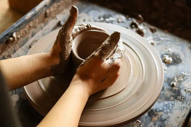 Couples wheel-throwing pottery session