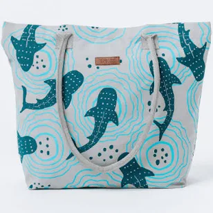 Tropical Patterned Beach Tote with Shark Charm — Mother's Day gift for a grandmother, shoppable idea