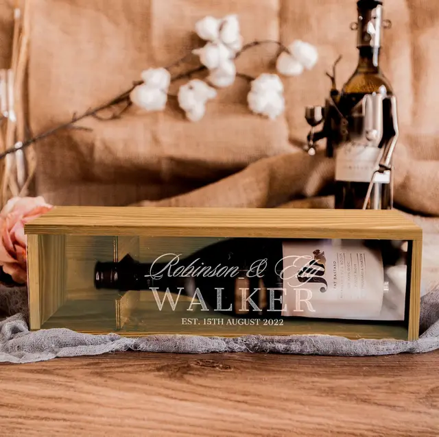 Custom engraved wooden wine box for aging a specific vintage