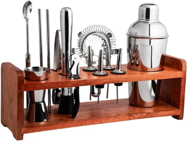 Premium silver and wood handled mixology bar set