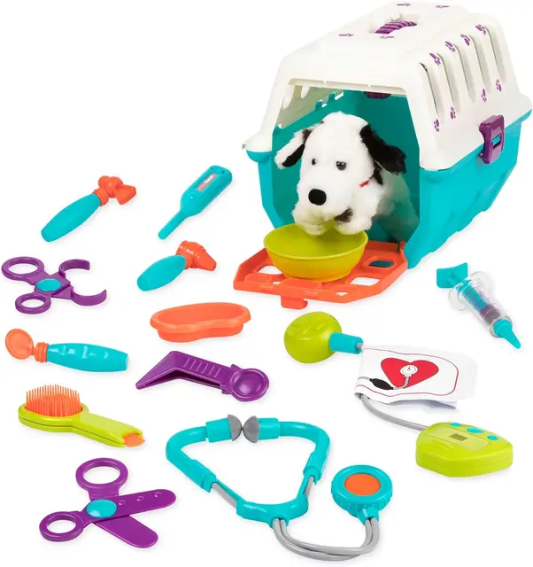 Vet play kit with plush animal patient, instruments, and carrier