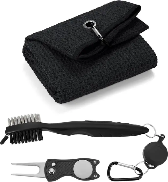 Three-in-one golf cleaning kit with towel, brush and divot tool