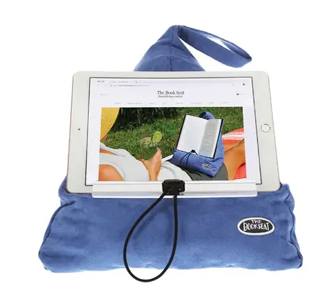 The Book Seat sky blue reading rest holding a tablet