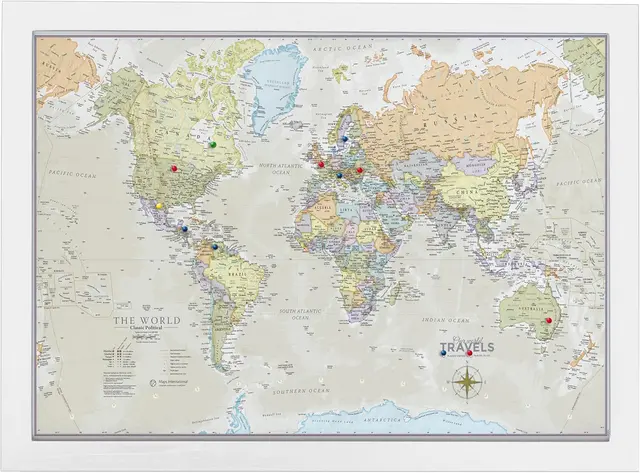 Framed push-pin world travel map