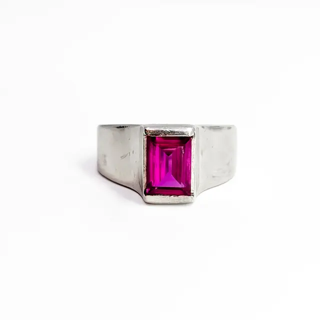 Sterling silver signet ring with emerald-cut synthetic ruby