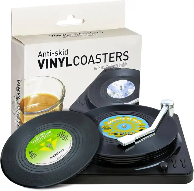 Vinyl record coasters with turntable stand
