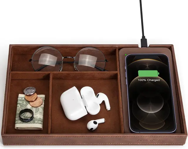 Leather desk organizer with wireless charging valet
