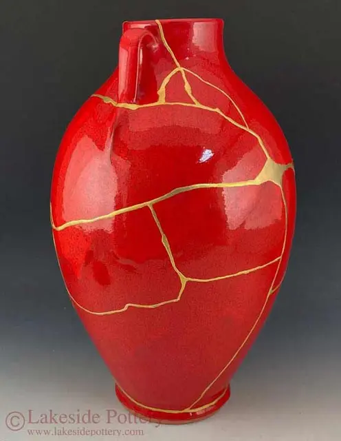 Custom ruby-accent Kintsugi pottery commission