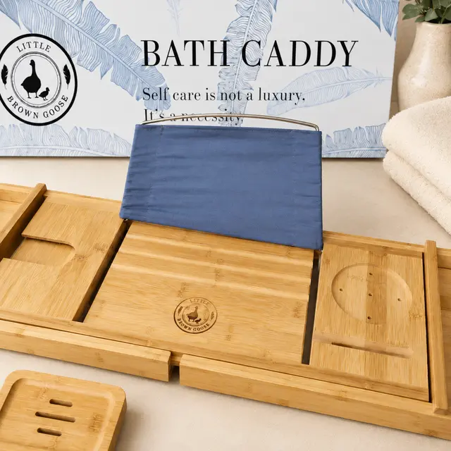 Solid bamboo bath caddy paired with scheduled solo quiet time