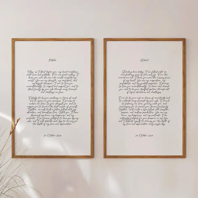Framed custom calligraphy wedding vows set for him and her