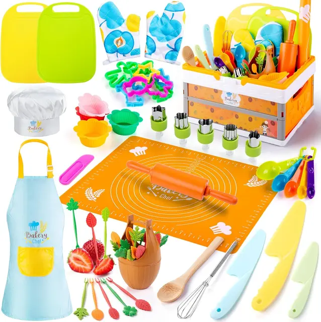 Kids baking-together kit with apron and measuring set for two