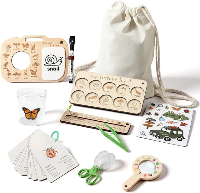 Nature scavenger hunt kit with magnifier, bug viewer, tweezers, and ID cards