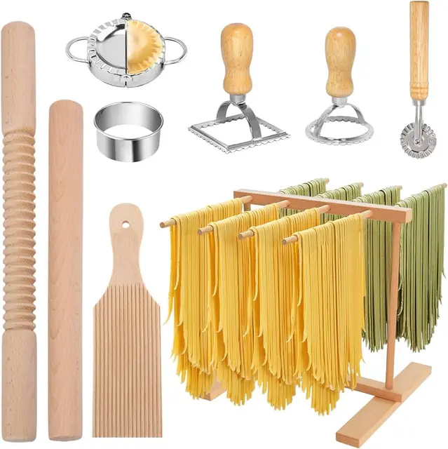 Artisan wooden pasta making and drying rack set