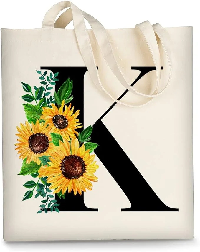 Canvas tote with sunflower print and personal initial monogram