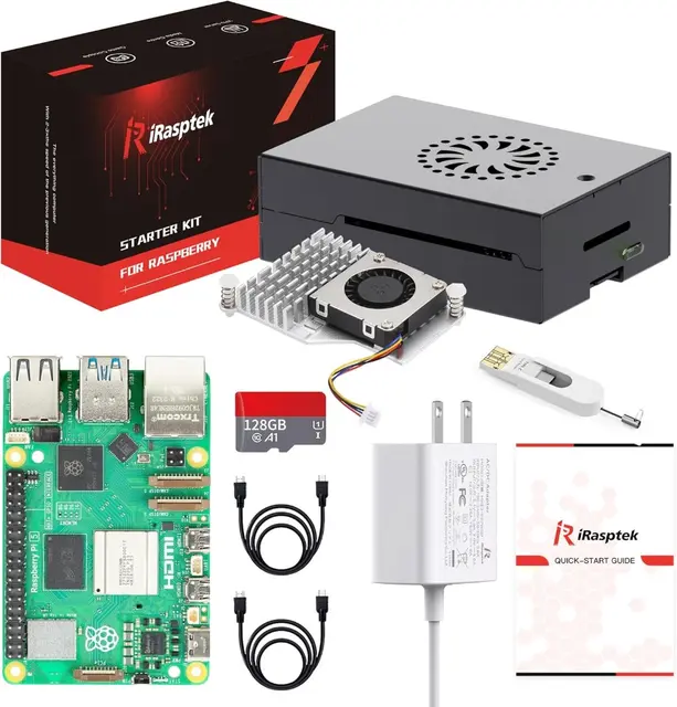 iRasptek Raspberry Pi 5 starter kit with board, case, cooler, power supply and accessories