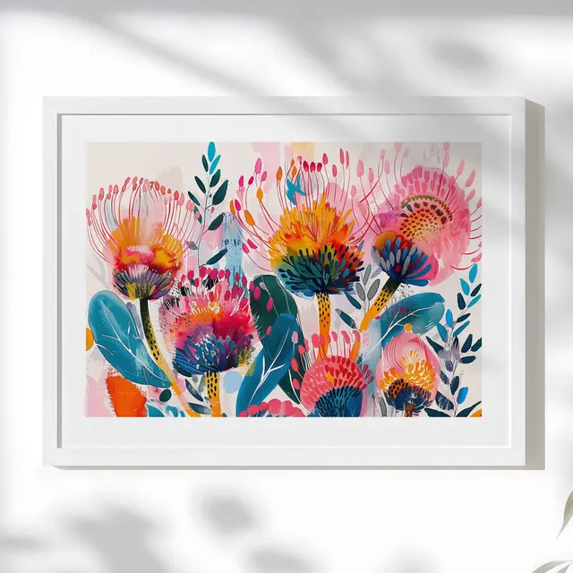 Native Australian botanical art print with banksias and wildflowers
