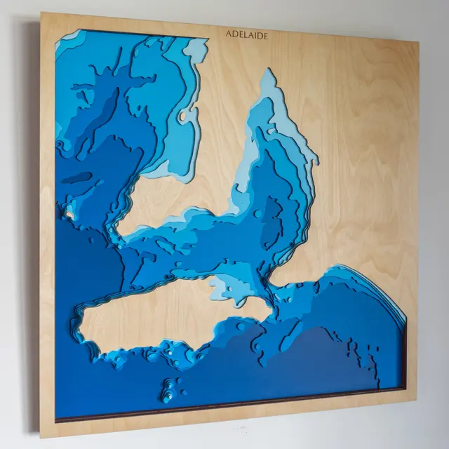 Handcrafted layered wooden depth map of Adelaide and Gulf St Vincent harbour waters