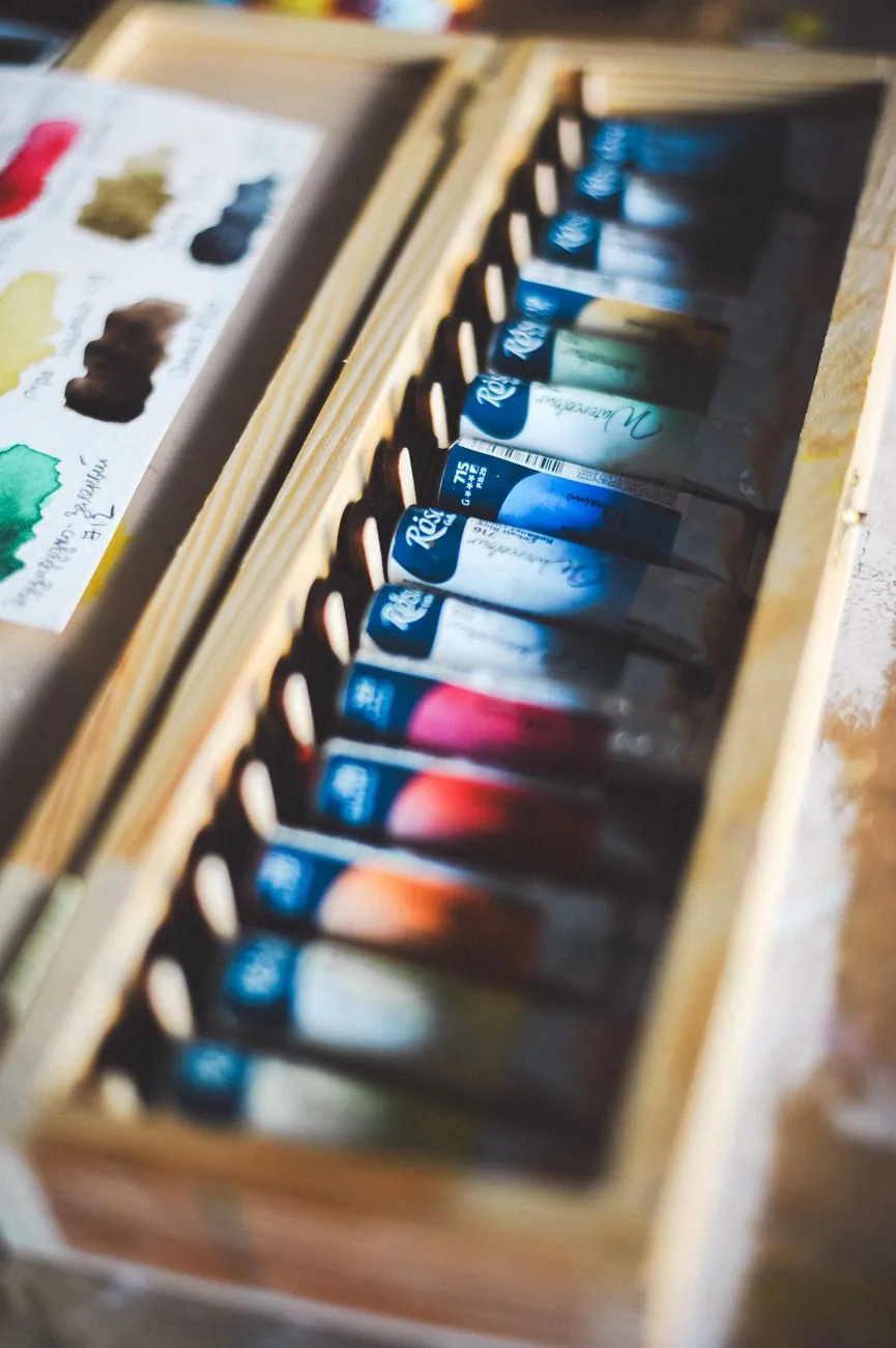 Gouache paints and art studio workshop materials