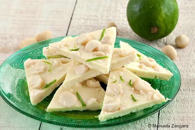 Macadamia and finger lime chocolate bark