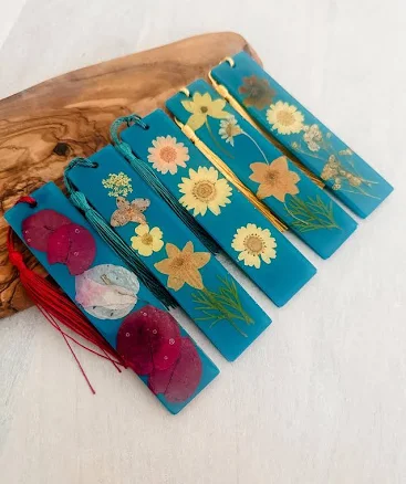 Teal Resin Bookmarks with Pressed Texas Wildflowers — Mother's Day gift for a grandmother, shoppable idea