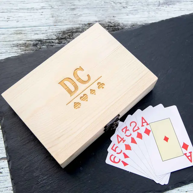 Monogrammed wooden playing card holder box